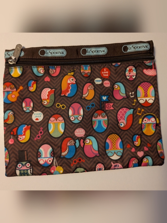 Lesportsac Handbags - LeSportsac "Hoot Cute" Owl Print Small Cosmetic Pouch | Brown Chevron Ripstop